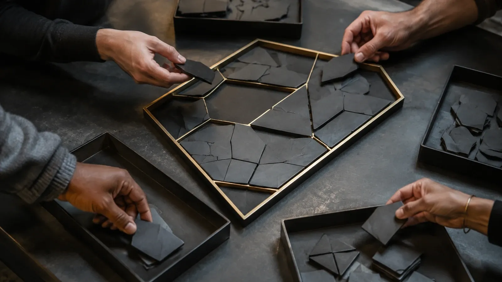 Hands fitting dark, angular pieces into a brass-edged tray on a worktable.