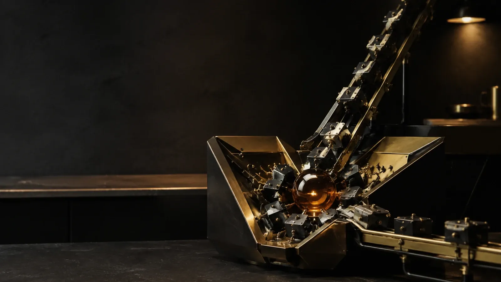 A dark and brass machine on a workbench, its arm lifting a glowing charge out of an open bin.